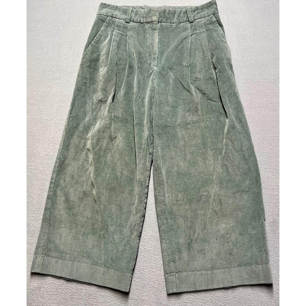 COS Womens Pleated Wide Leg Corduroy Pants Sage Green High Rise Cropped Size 6
